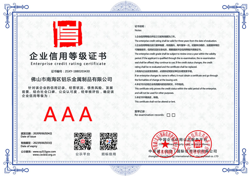 河南企業(yè)信用等級(jí)證書